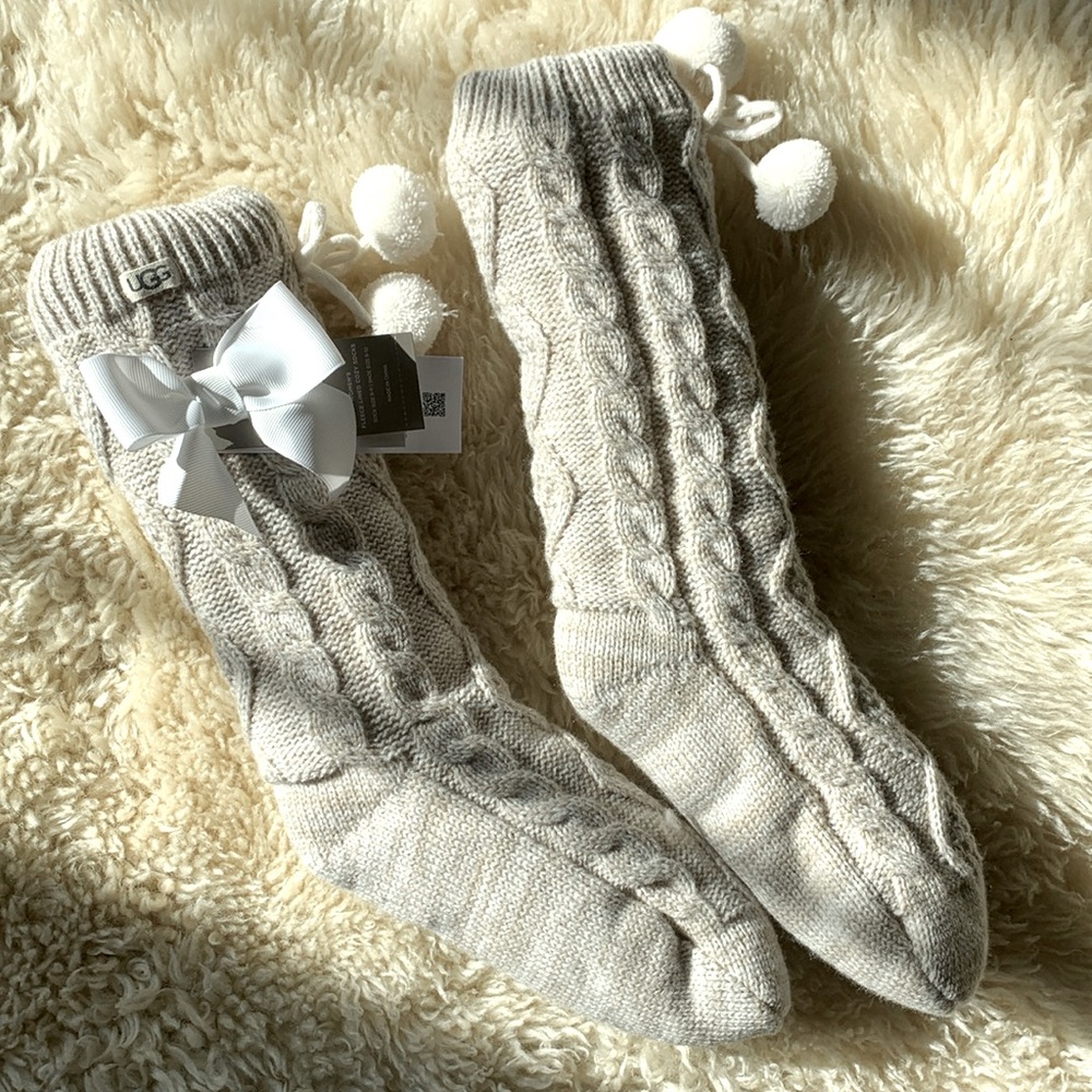Fleece Lined Cozy Socks w/ Bow & pom poms
